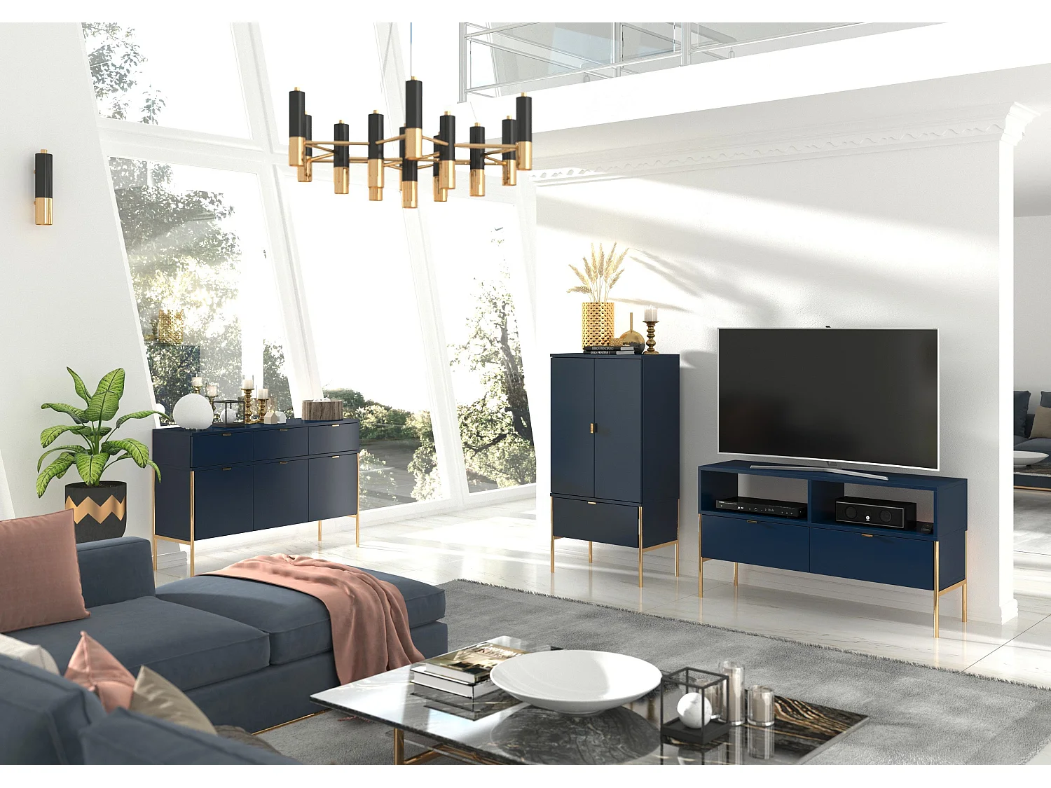 Highboard Polka, marineblau, goldene details