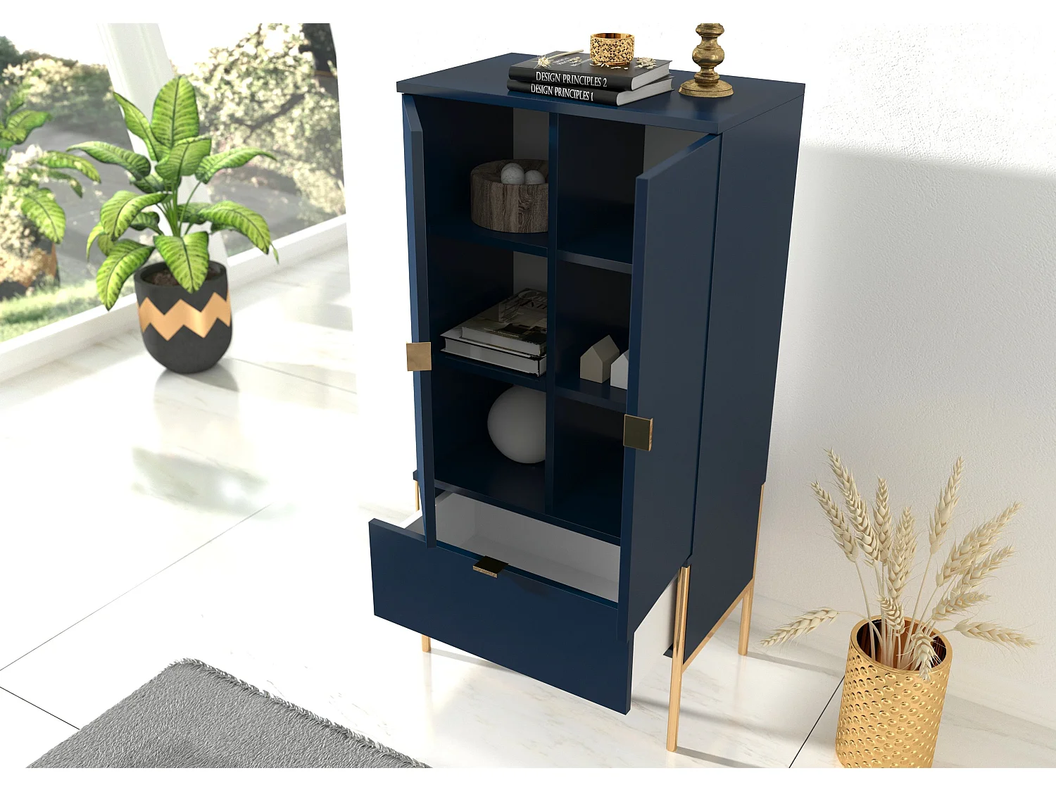 Highboard Polka, marineblau, goldene details