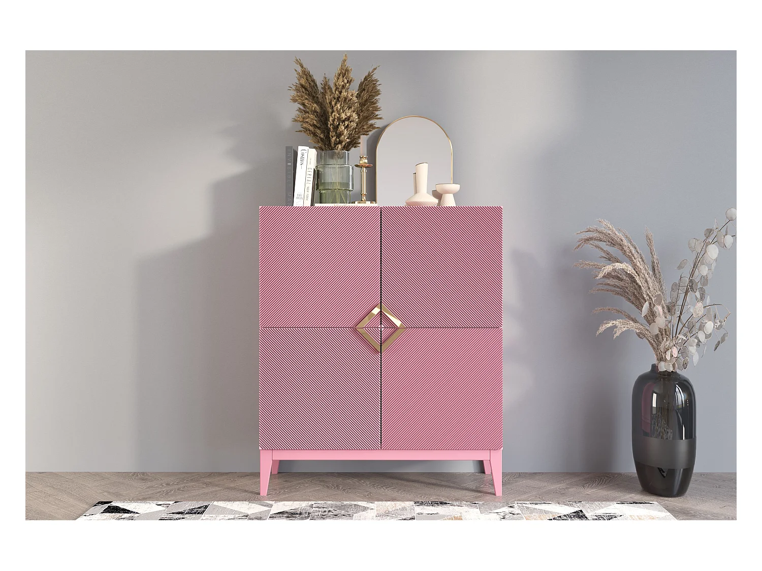 Highboard Demi high, pink-gold, mit gefrästen fronten, massive buche