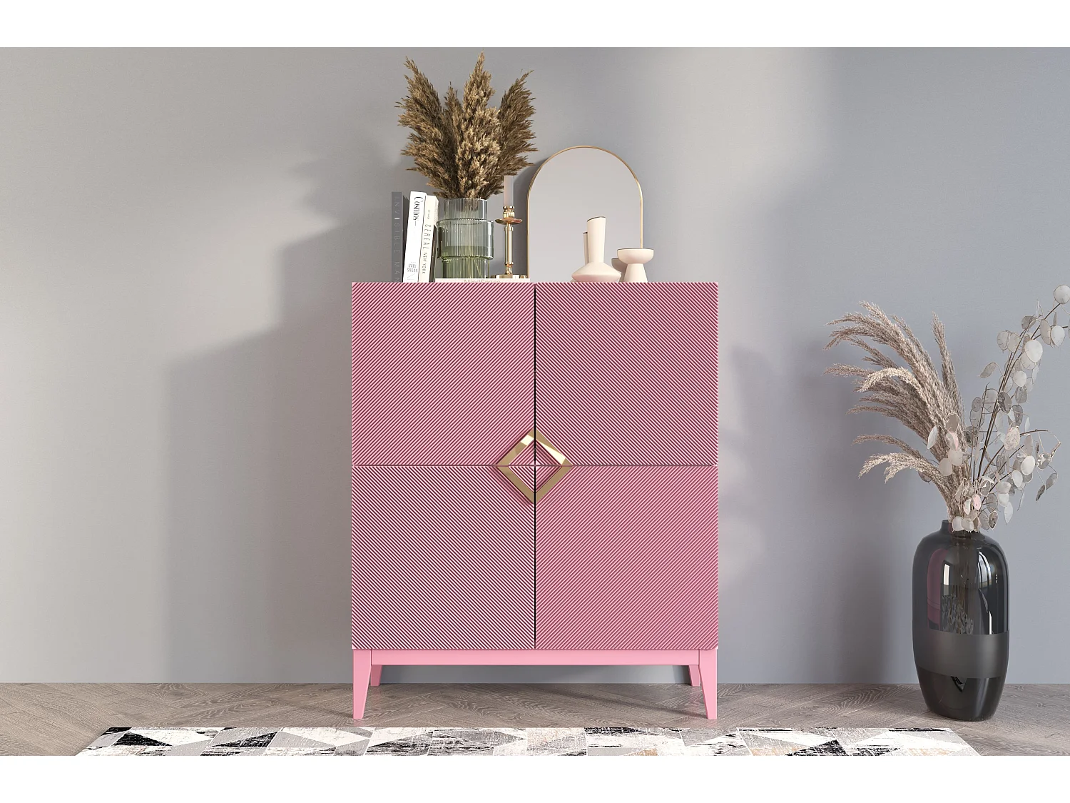 Highboard Demi high, pink-gold, mit gefrästen fronten, massive buche