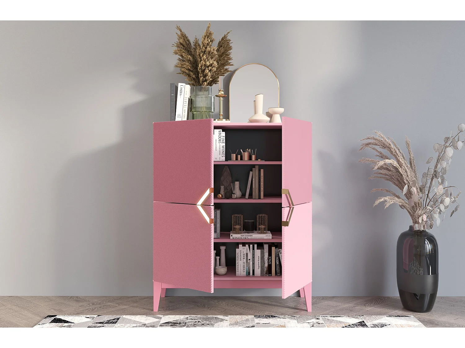 Highboard Demi high, pink-gold, mit gefrästen fronten, massive buche
