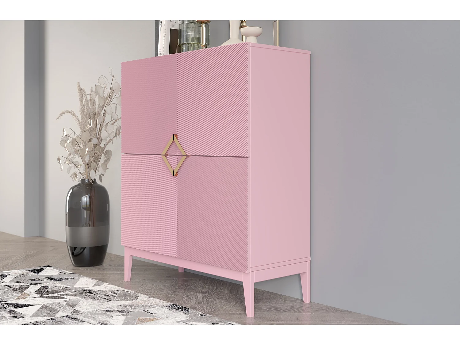 Highboard Demi high, pink-gold, mit gefrästen fronten, massive buche
