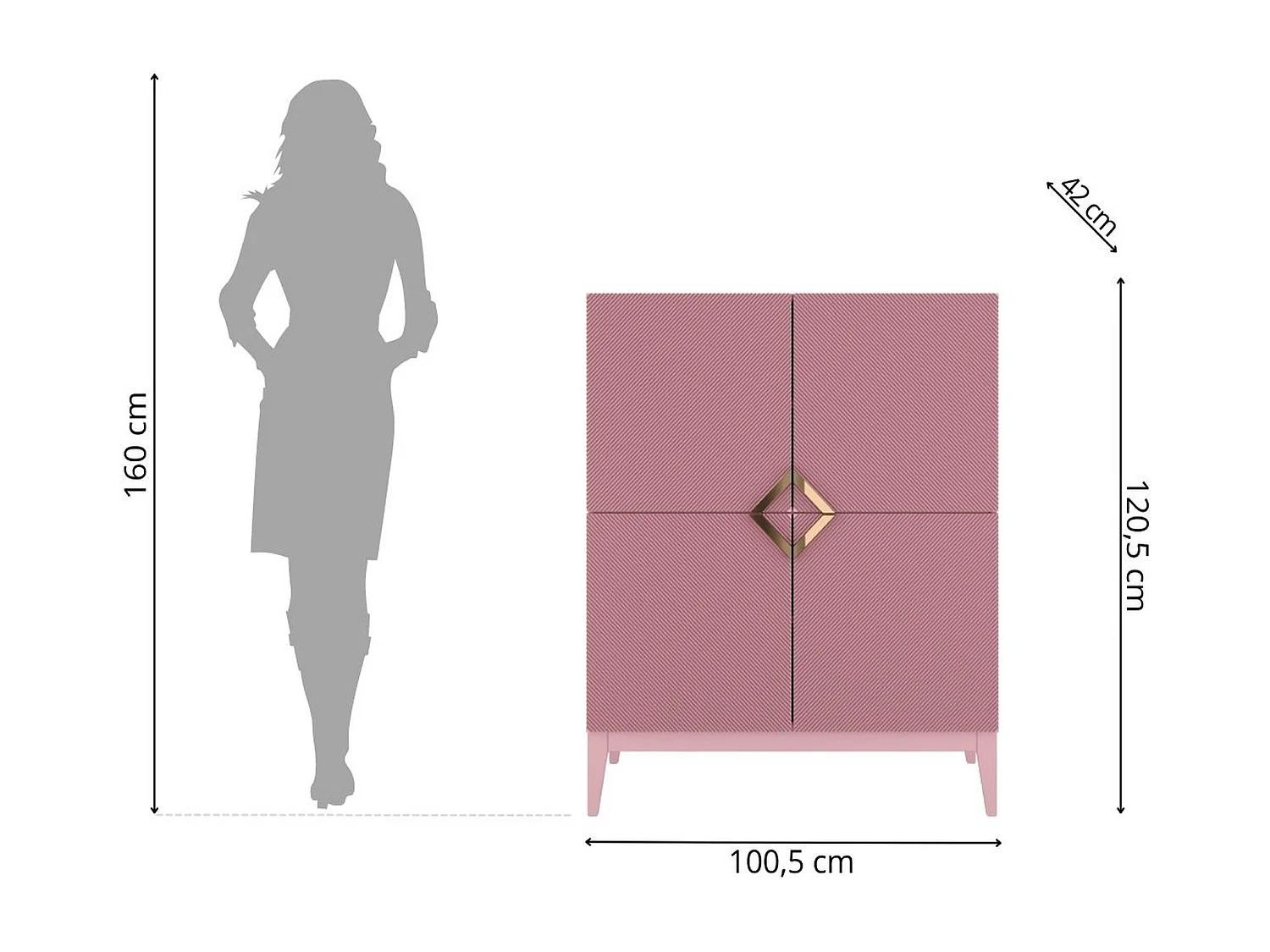 Highboard Demi high, pink-gold, mit gefrästen fronten, massive buche