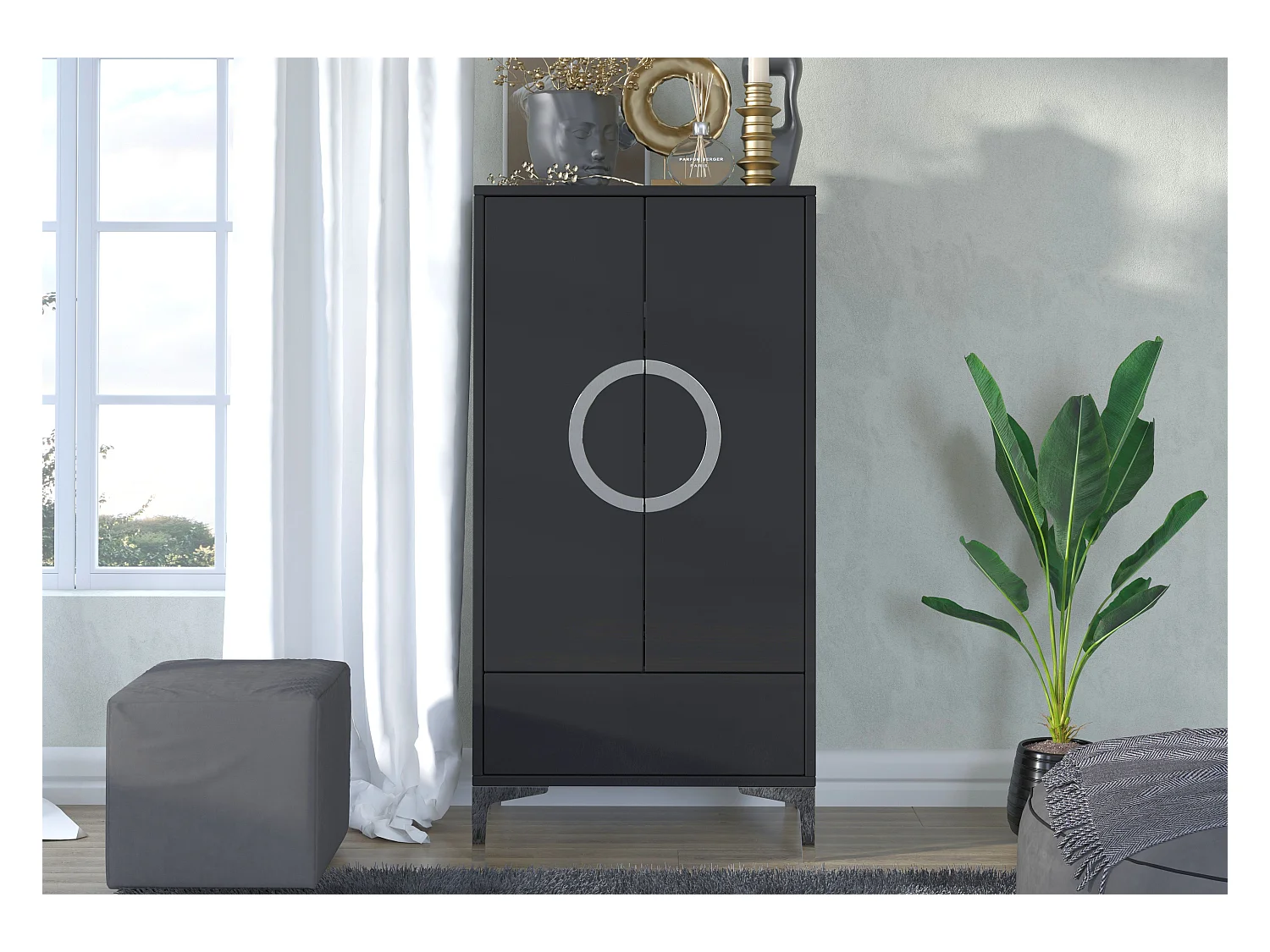 Highboard Eva, schwarz, silberne akzente, hochglanz
