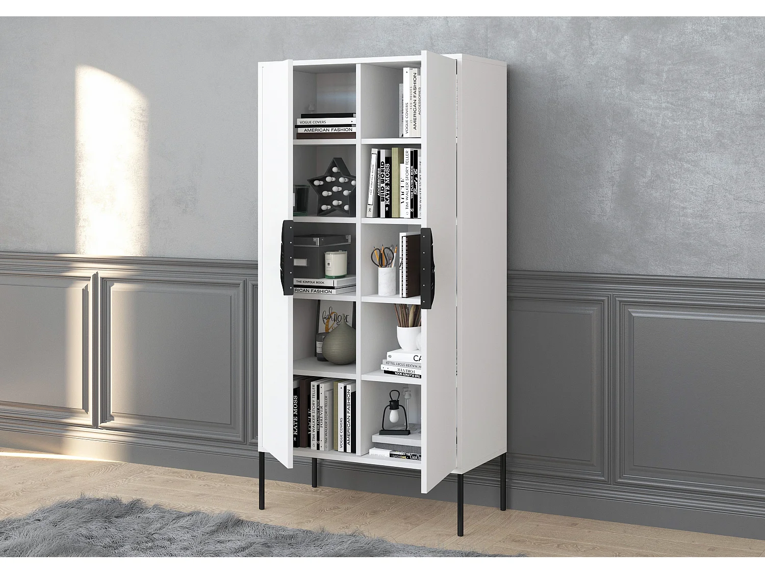 Highboard Merlin, weiß, schwarze details