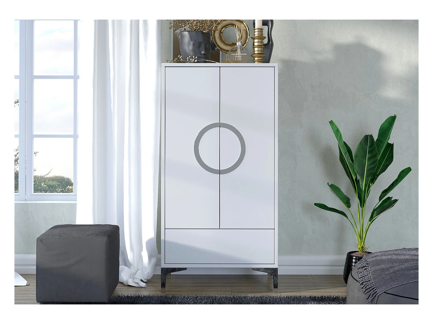 Highboard Eva, weiß, silberne akzente, hochglanz
