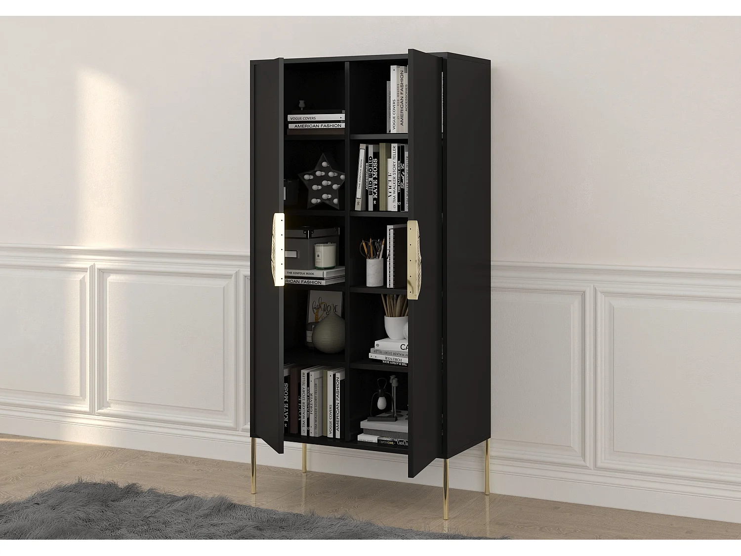 Highboard Merlin, schwarz, goldene details