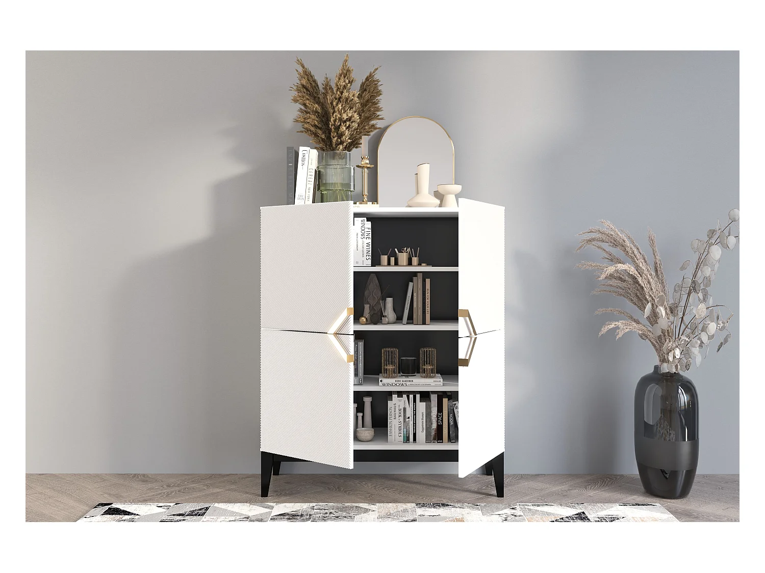 Buffet haute en bois DEMI HIGH / blanche + pieds noirs / 100,5 cm