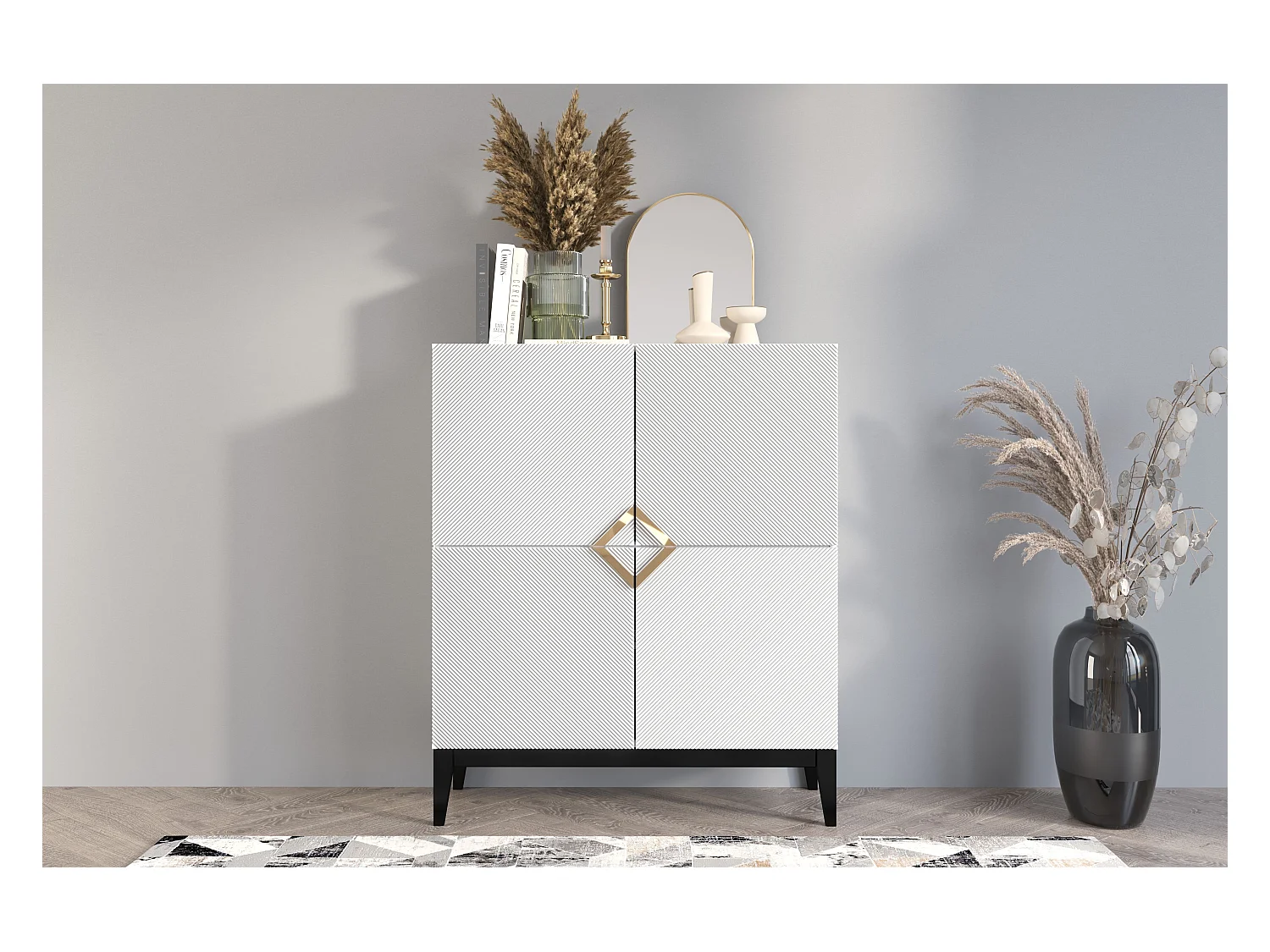 Highboard Demi high, weiß-schwarz-gold, mit gefrästen fronten, massive buche