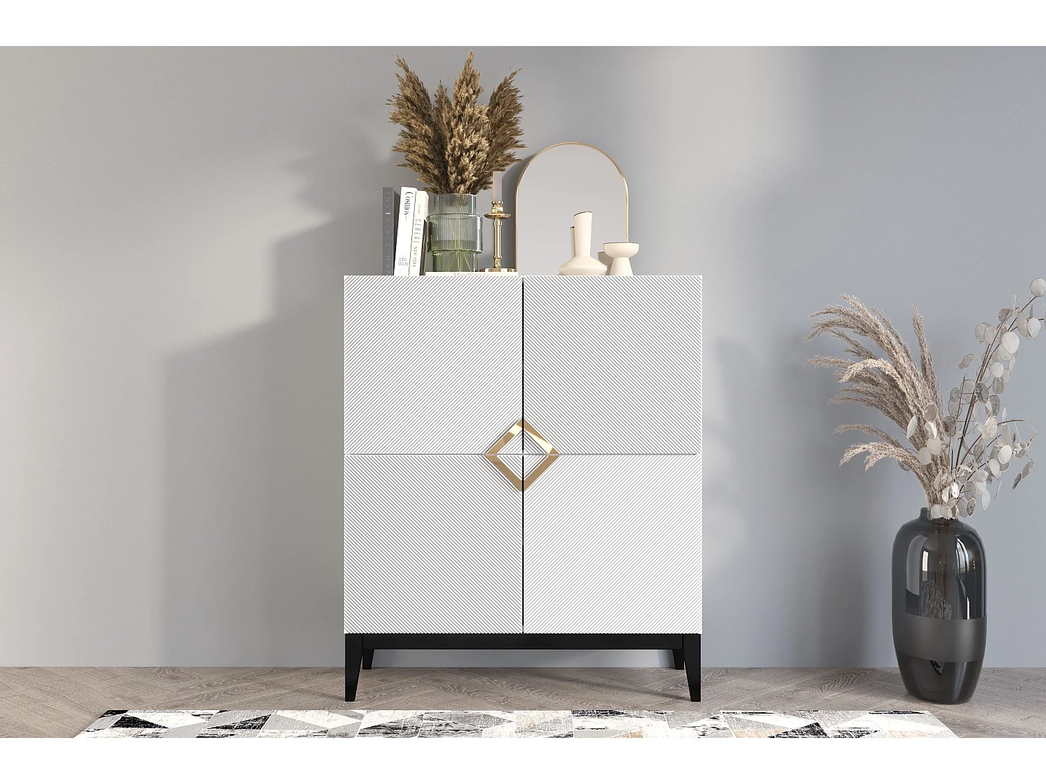 Highboard Demi high, weiß-schwarz-gold, mit gefrästen fronten, massive buche