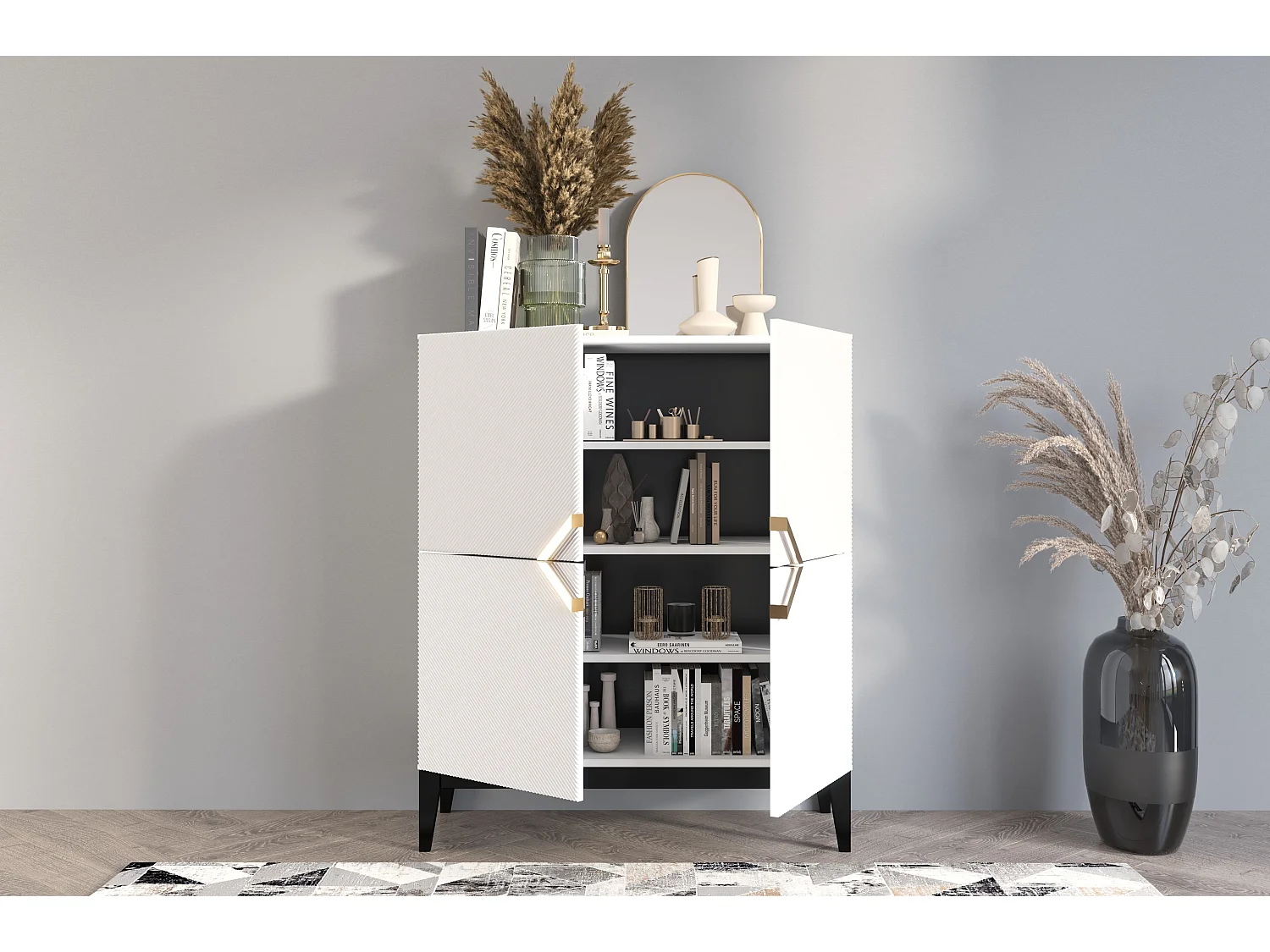 Highboard Demi high, weiß-schwarz-gold, mit gefrästen fronten, massive buche