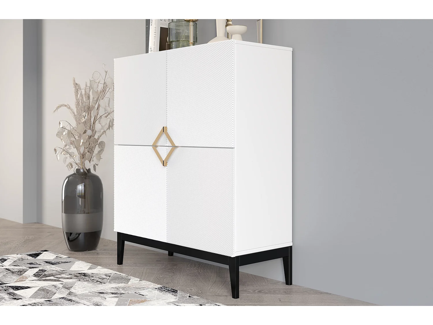 Highboard Demi high, weiß-schwarz-gold, mit gefrästen fronten, massive buche