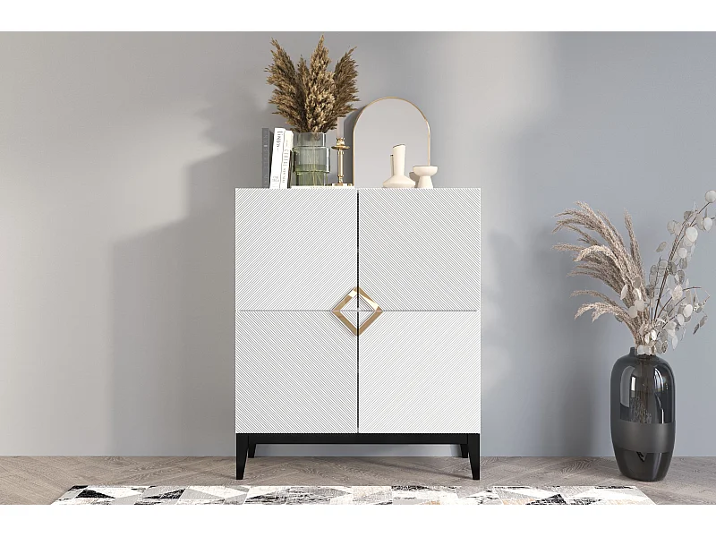 Highboard Demi high, weiß-schwarz-gold, mit gefrästen fronten, massive buche