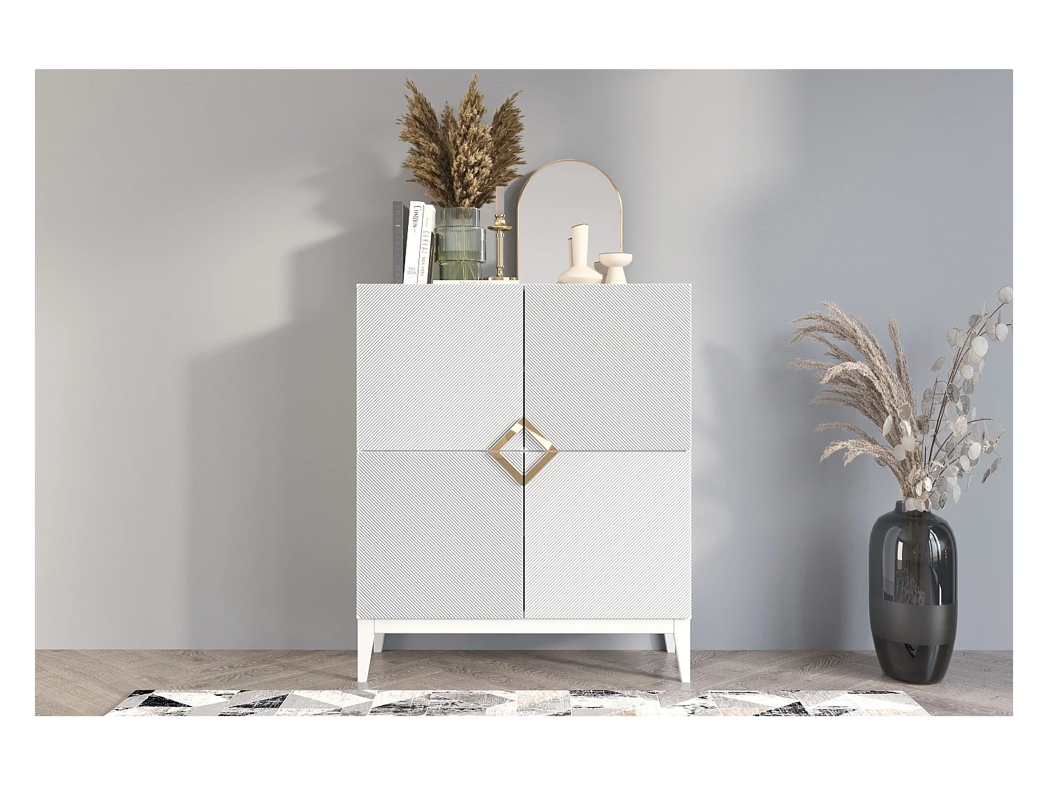 Highboard Demi high, weiß-gold, mit gefrästen fronten, massive buche