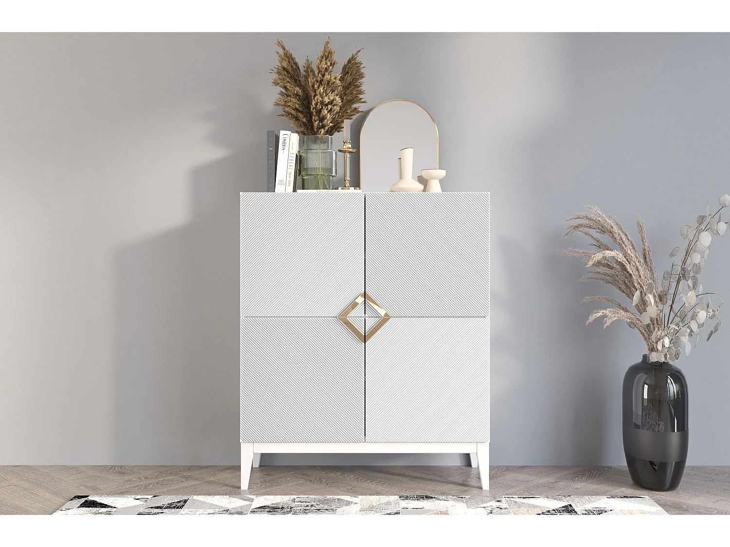 Highboard Demi high, weiß-gold, mit gefrästen fronten, massive buche