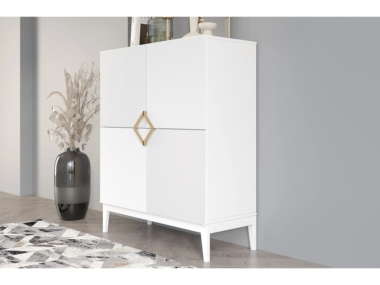 Highboard Demi high, weiß-gold, mit gefrästen fronten, massive buche