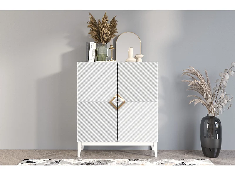 Highboard Demi high, weiß-gold, mit gefrästen fronten, massive buche