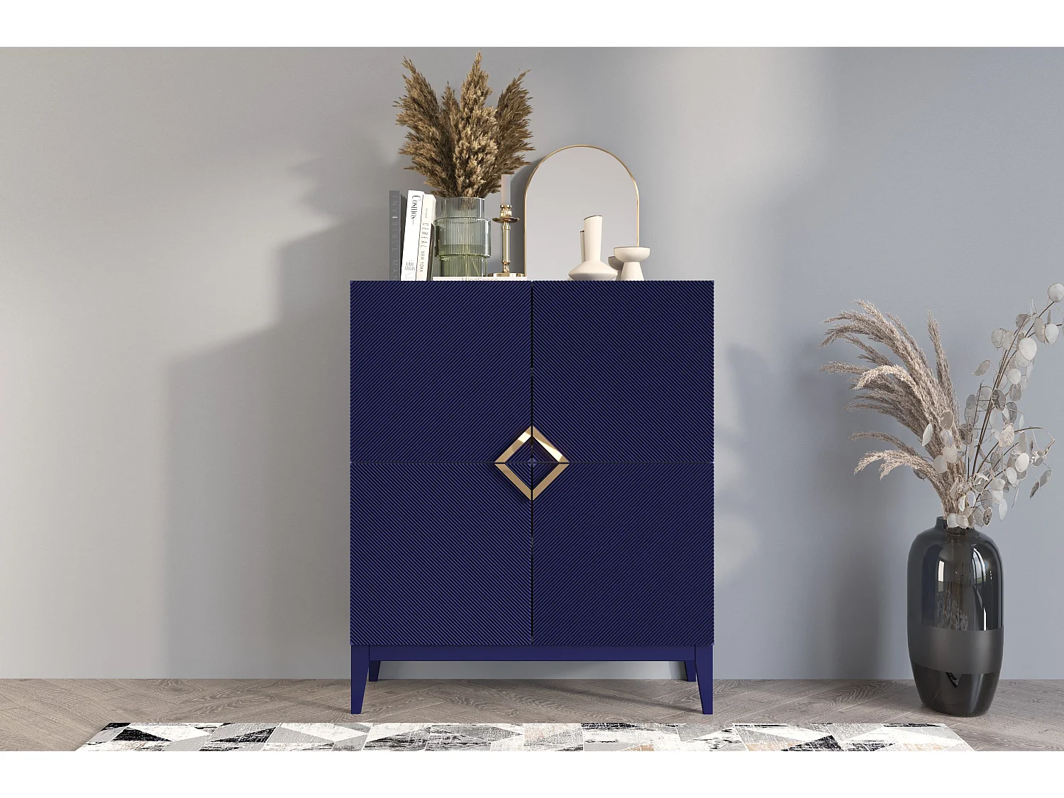 Highboard Demi high, marinblau-gold, mit gefrästen fronten, massive buche