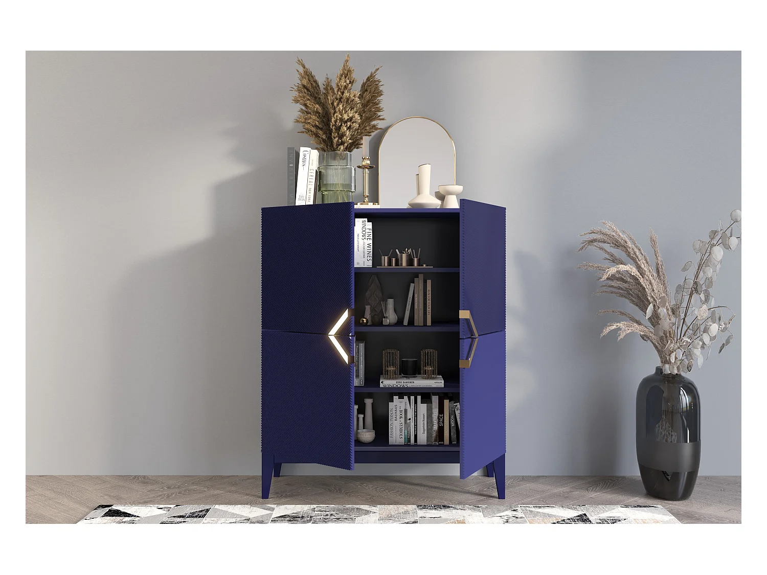 Highboard Demi high, marinblau-gold, mit gefrästen fronten, massive buche