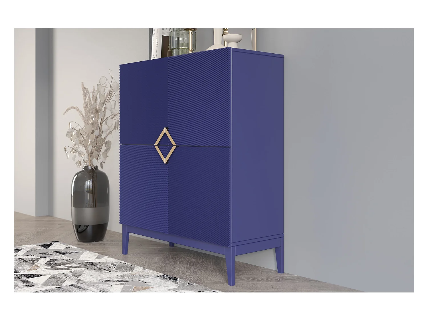 Highboard Demi high, marinblau-gold, mit gefrästen fronten, massive buche