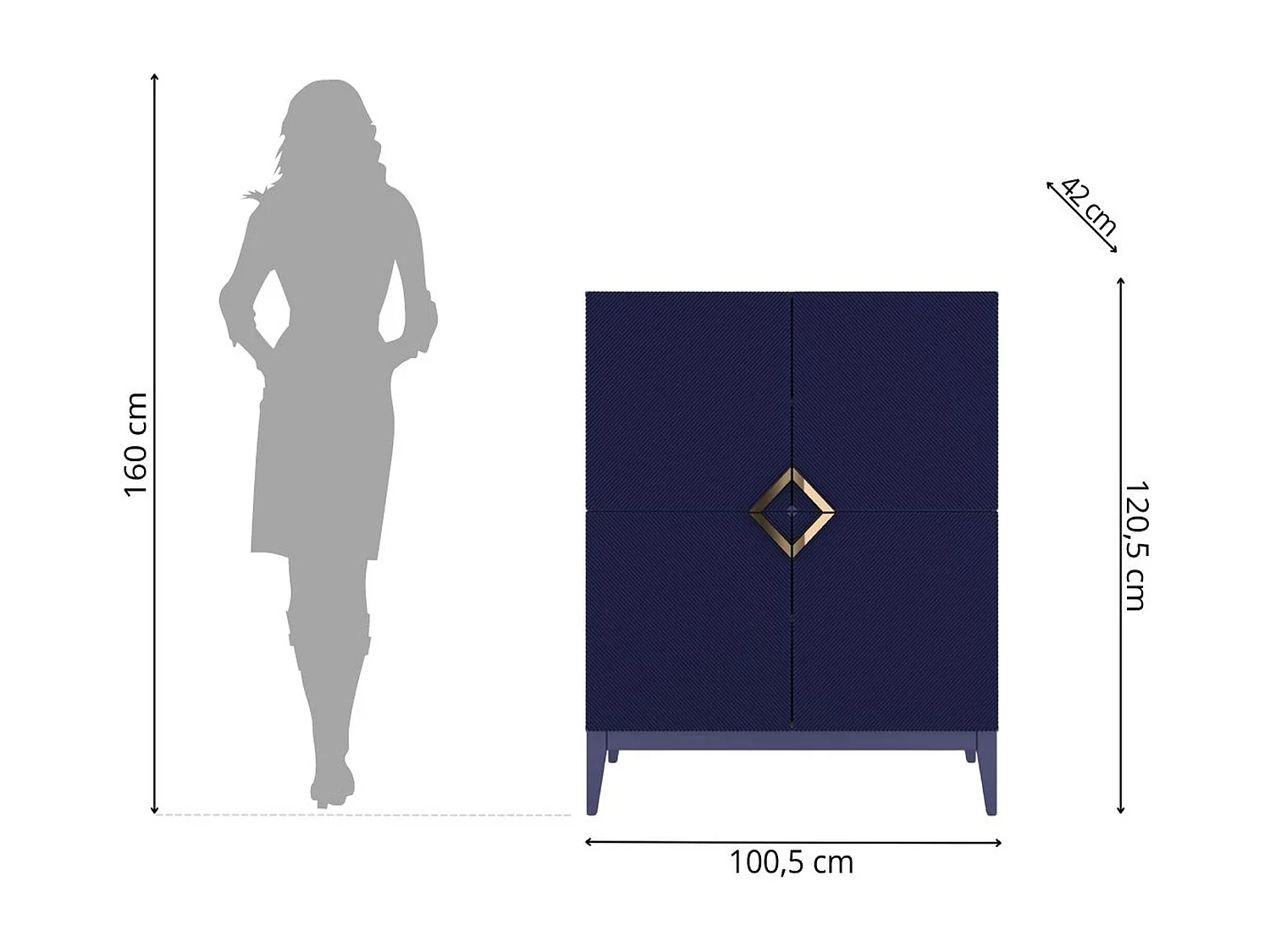 Highboard Demi high, marinblau-gold, mit gefrästen fronten, massive buche