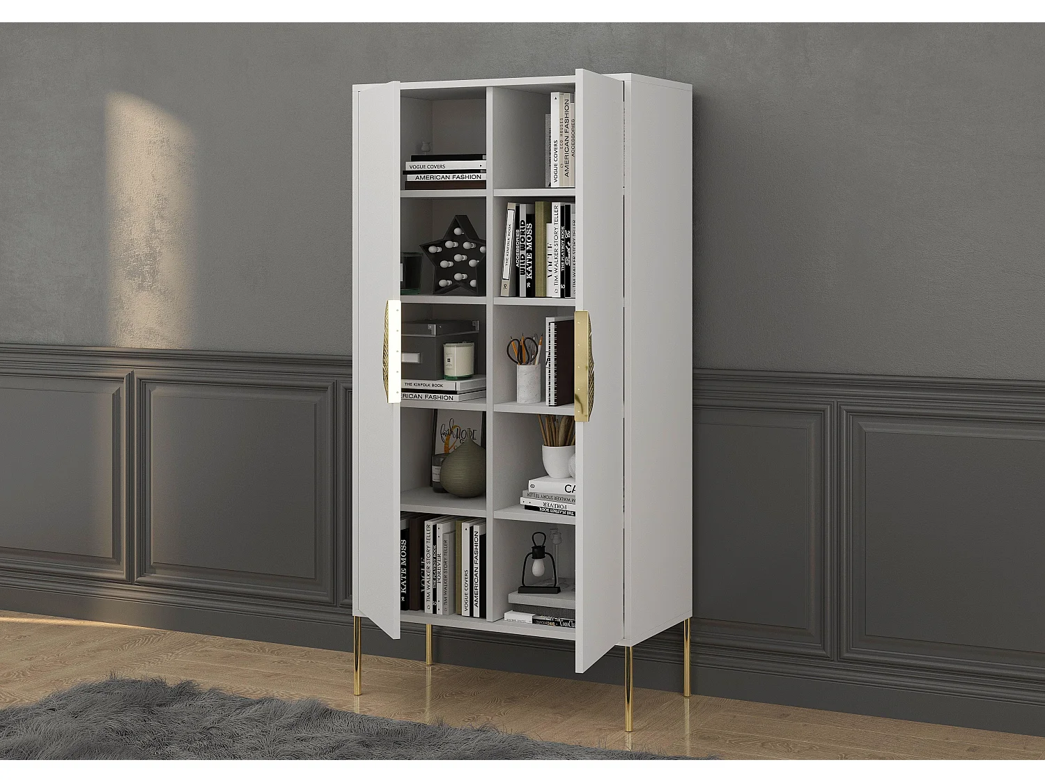 Highboard Merlin, weiß, goldene details