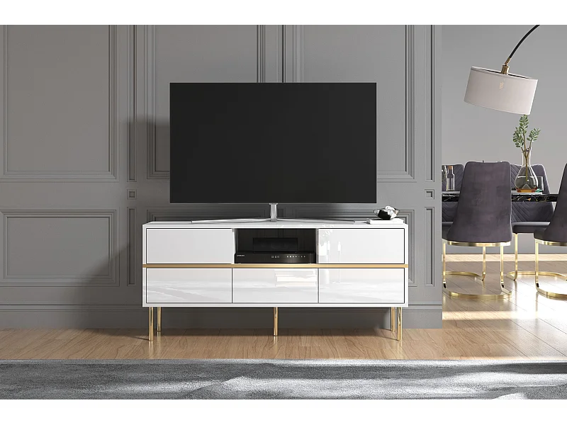 Biała komoda RTV Dancan MARIKA ze złotymi dodatkami