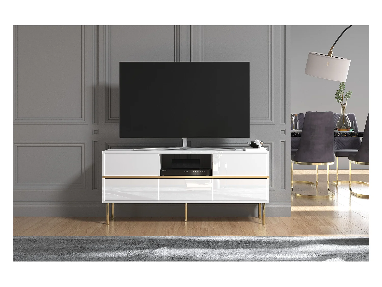 Meuble TV élégante blanche MARIKA avec des accents dorés / 137,5 cm