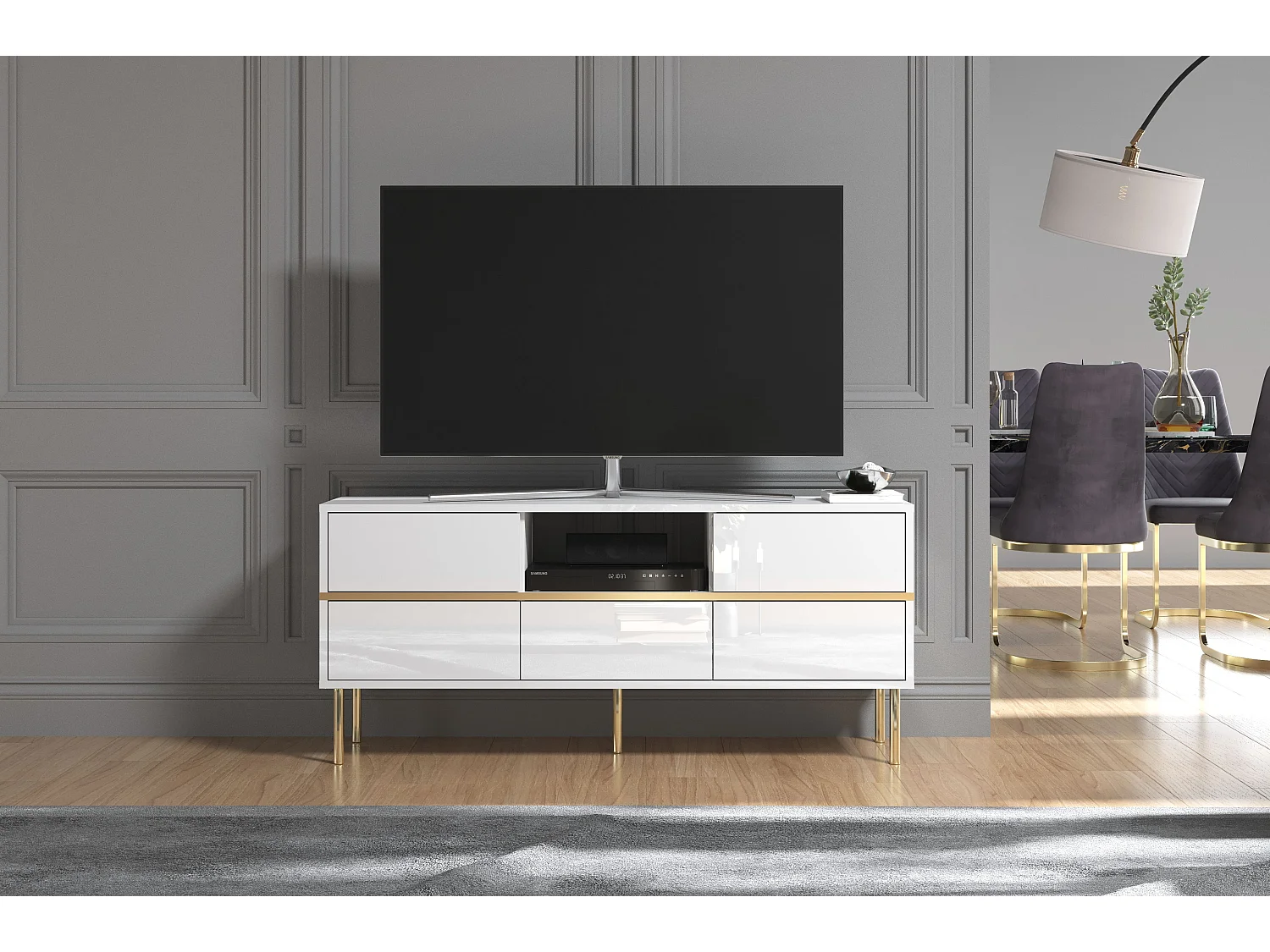 Meuble TV élégante blanche MARIKA avec des accents dorés / 137,5 cm