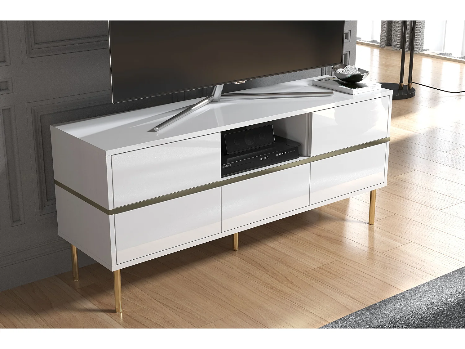 Meuble TV élégante blanche MARIKA avec des accents dorés / 137,5 cm