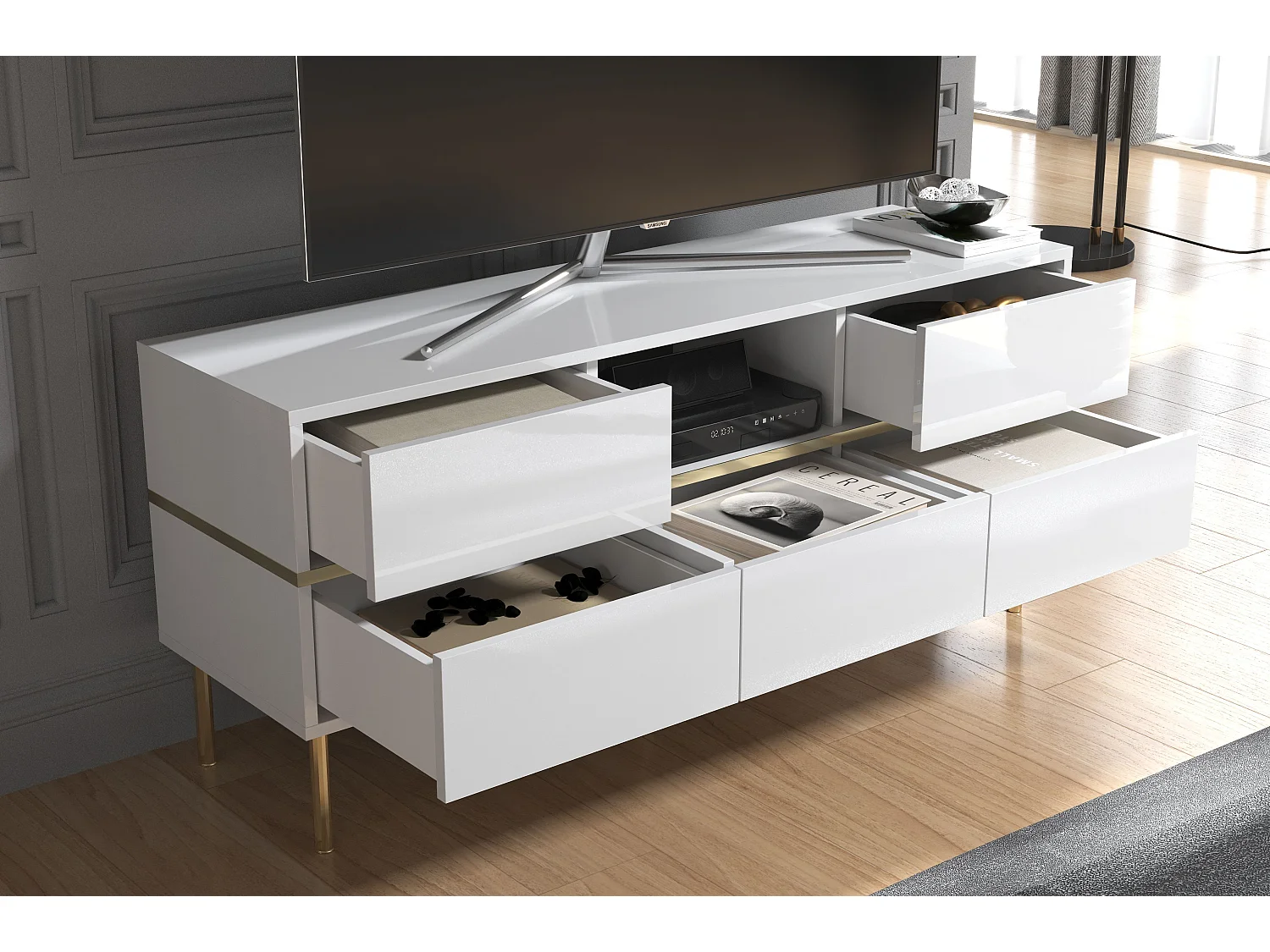 Meuble TV élégante blanche MARIKA avec des accents dorés / 137,5 cm