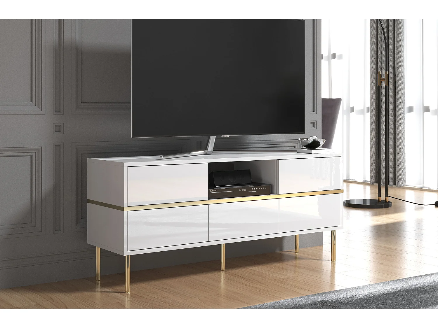 Meuble TV élégante blanche MARIKA avec des accents dorés / 137,5 cm
