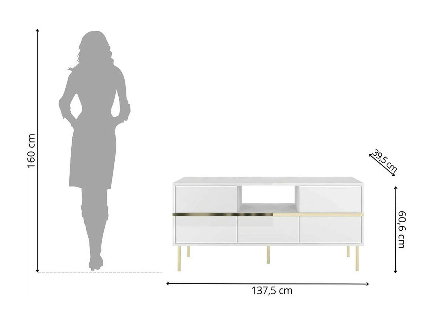 Meuble TV élégante blanche MARIKA avec des accents dorés / 137,5 cm