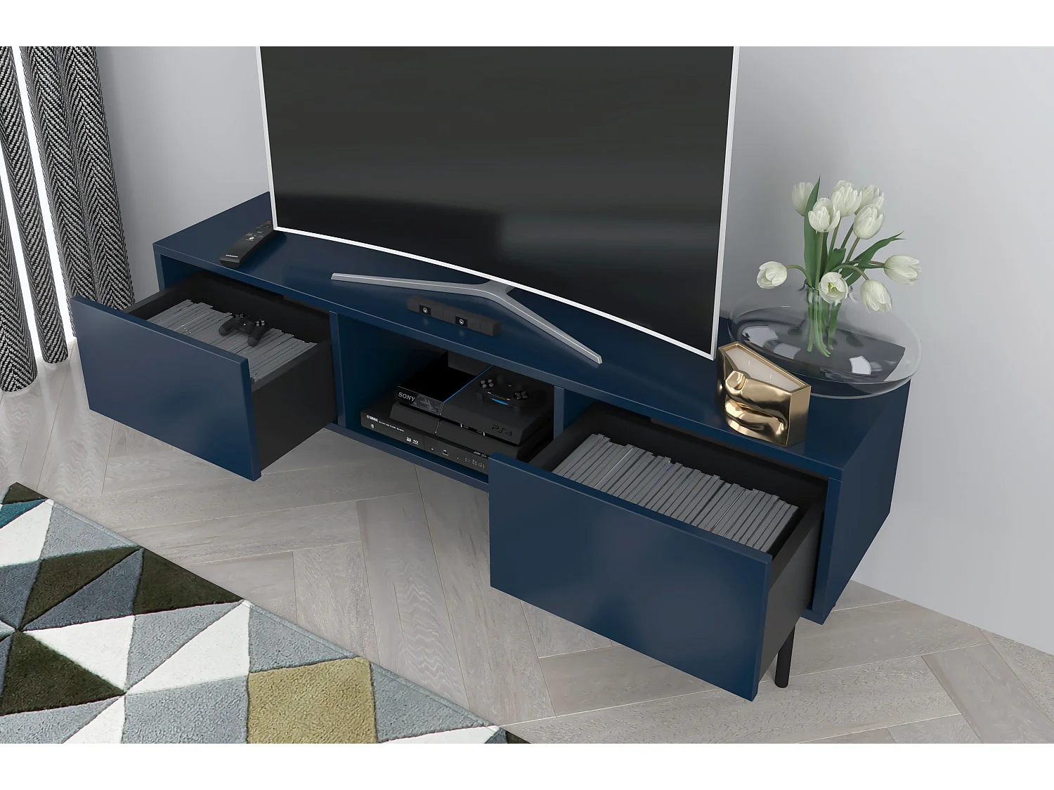 Lowboard Mirka, marinblau, push to open system, minimalistisch