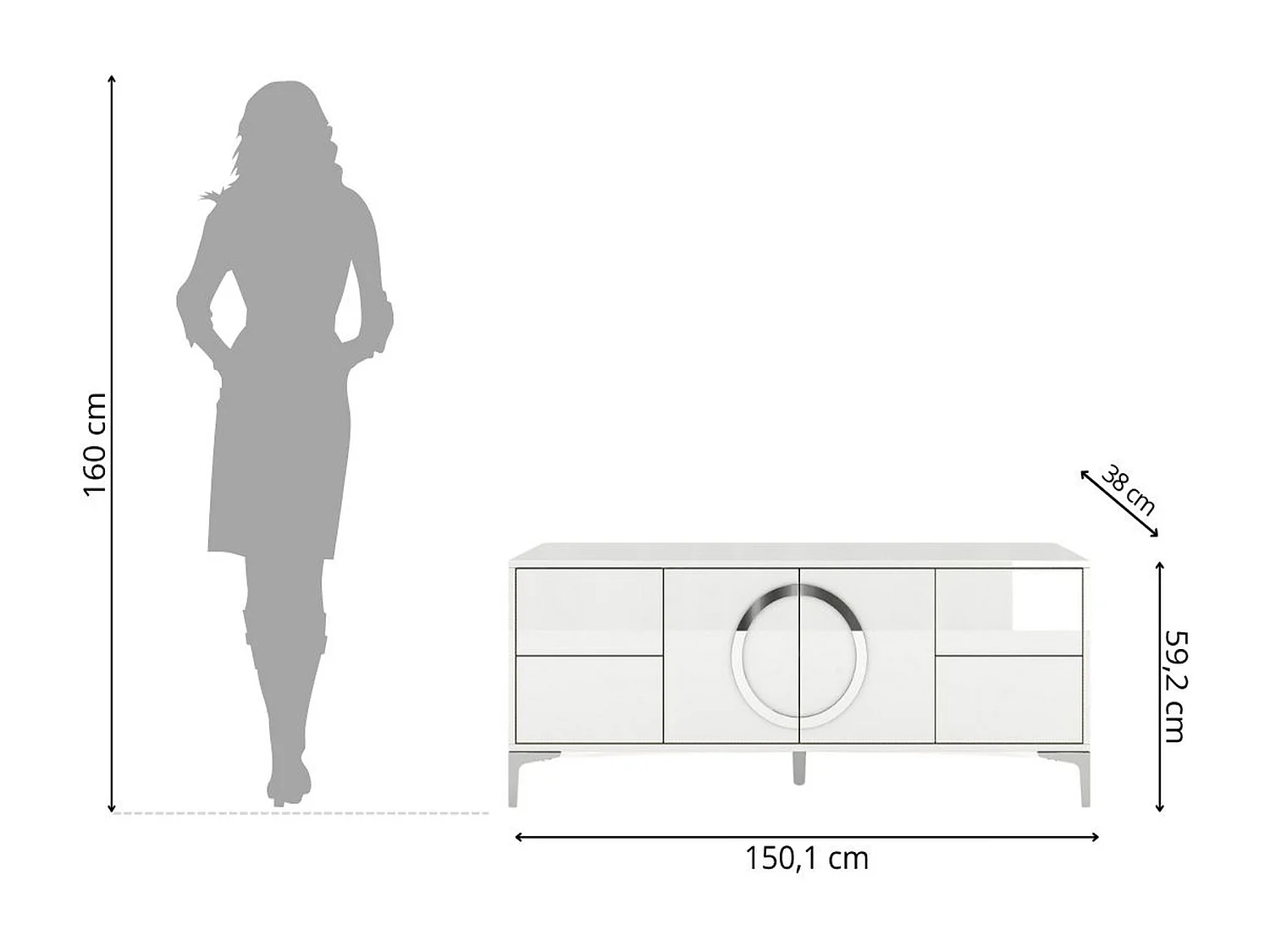 Lowboard Eva, weiß, silberne akzente, hochglanz