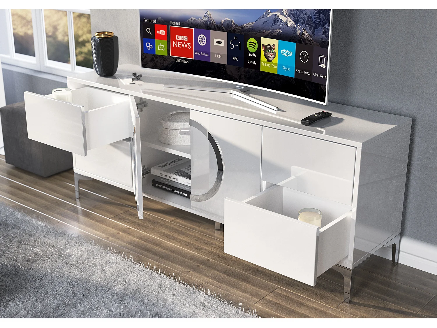 Meuble TV moderne blanche EVA / brillante / 150 cm