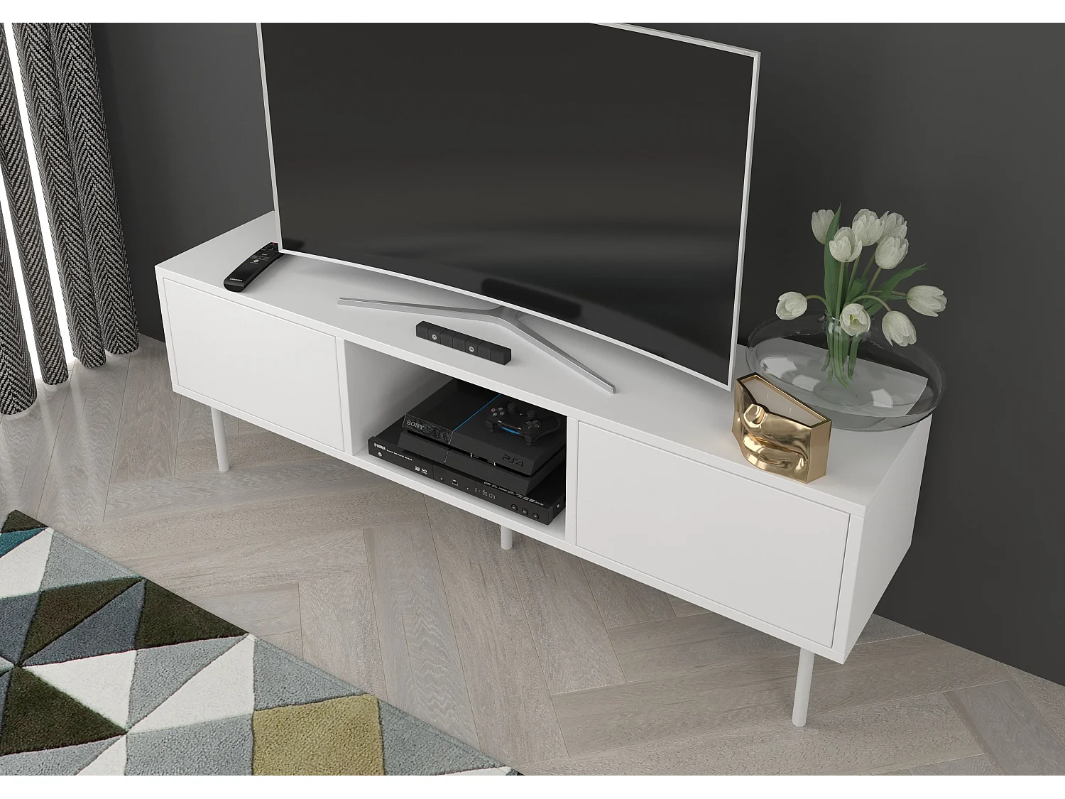 Biała nowoczesna komoda RTV Dancan MIRKA / szer. 130 cm