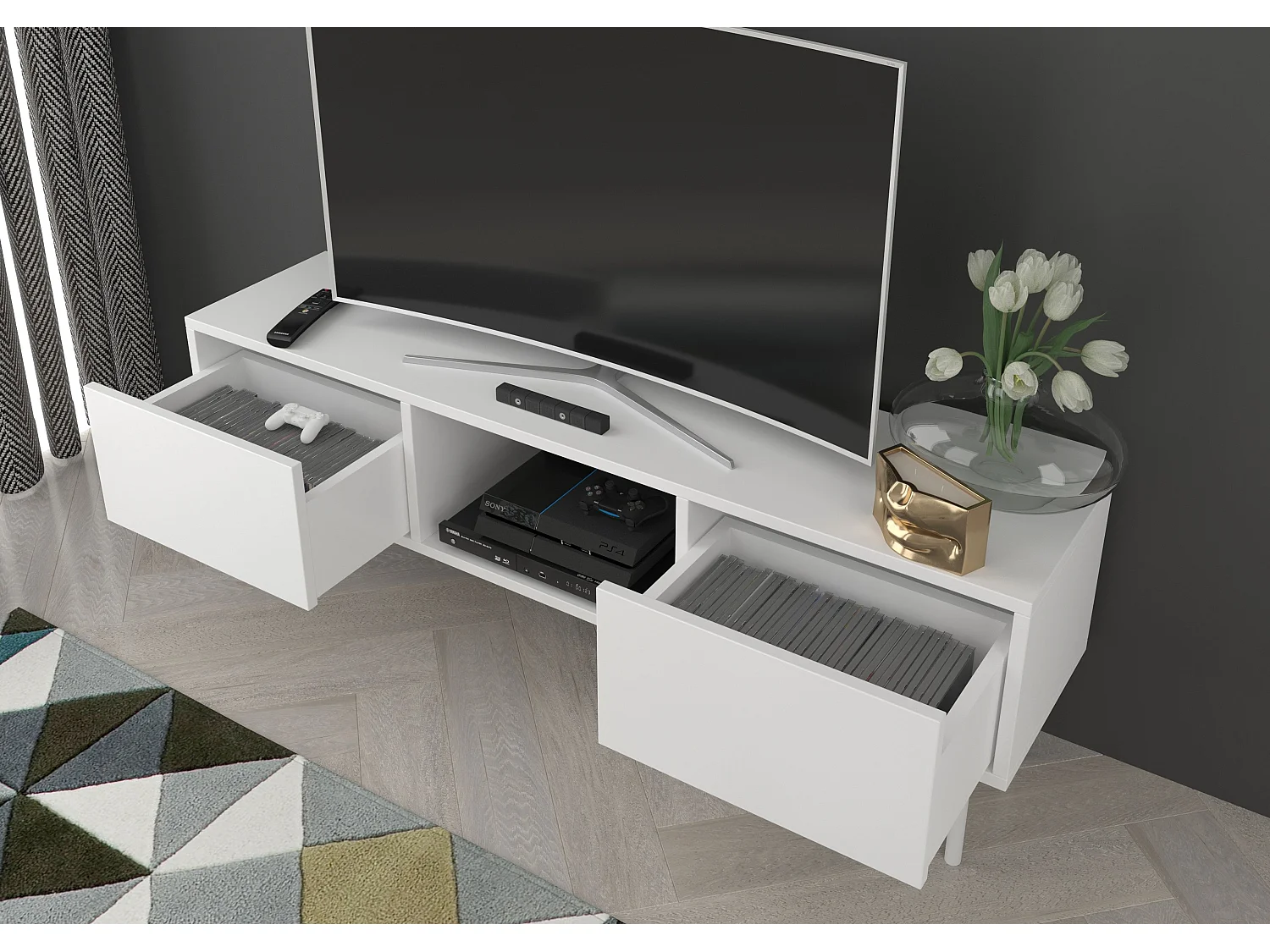 Meuble TV moderne blanche MIRKA / 130 cm