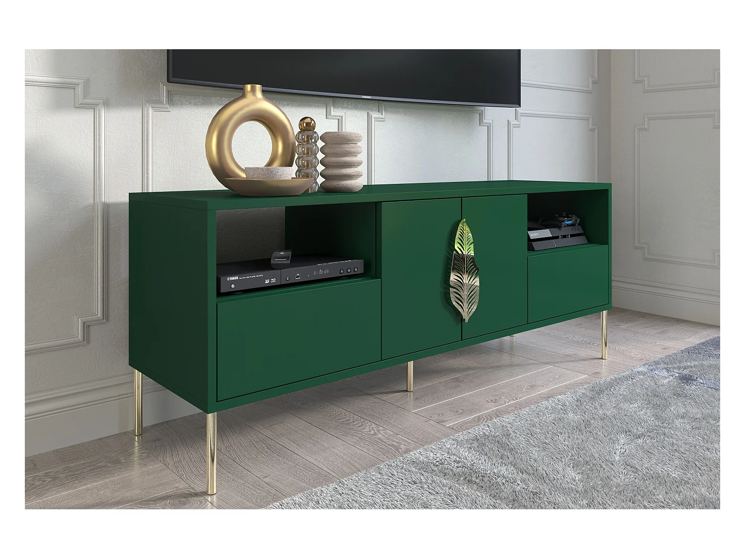 Meuble TV verte MERLIN avec des accents dorés / 138 cm