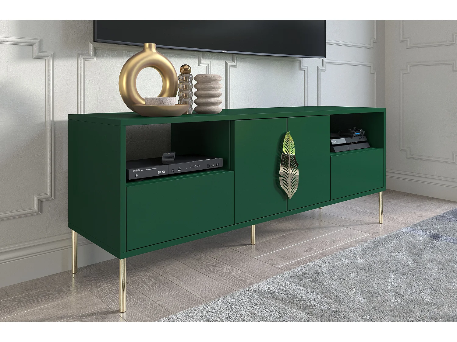 Meuble TV verte MERLIN avec des accents dorés / 138 cm