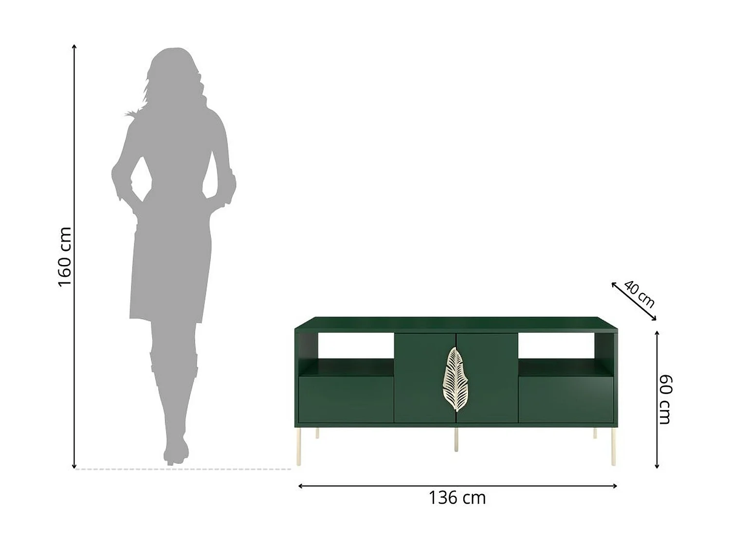 Meuble TV verte MERLIN avec des accents dorés / 138 cm