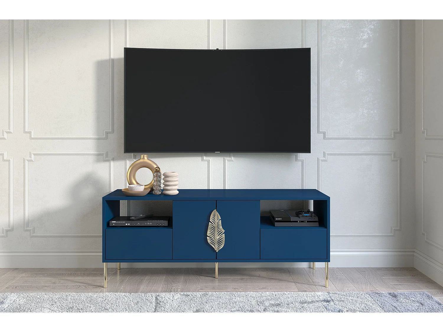 Meuble TV MERLIN bleu marine avec accessoires dorés / 138 cm