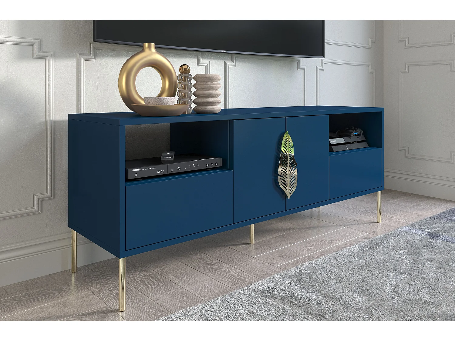 Meuble TV MERLIN bleu marine avec accessoires dorés / 138 cm
