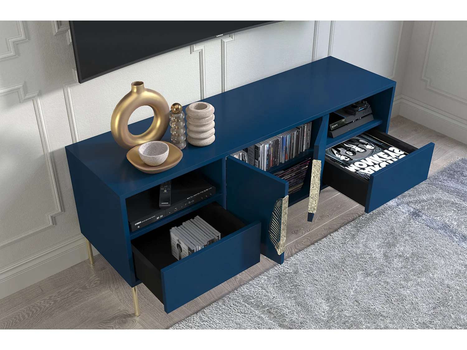 Meuble TV MERLIN bleu marine avec accessoires dorés / 138 cm