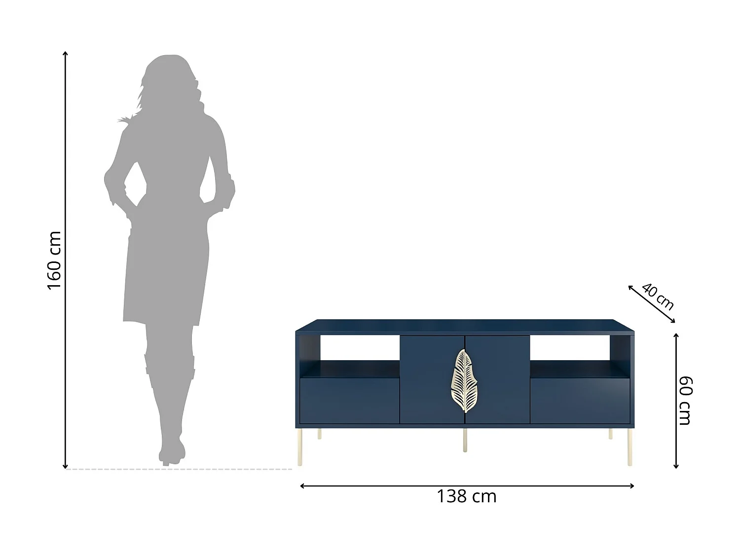 Meuble TV MERLIN bleu marine avec accessoires dorés / 138 cm