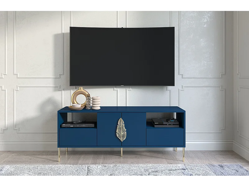 Meuble TV MERLIN bleu marine avec accessoires dorés / 138 cm