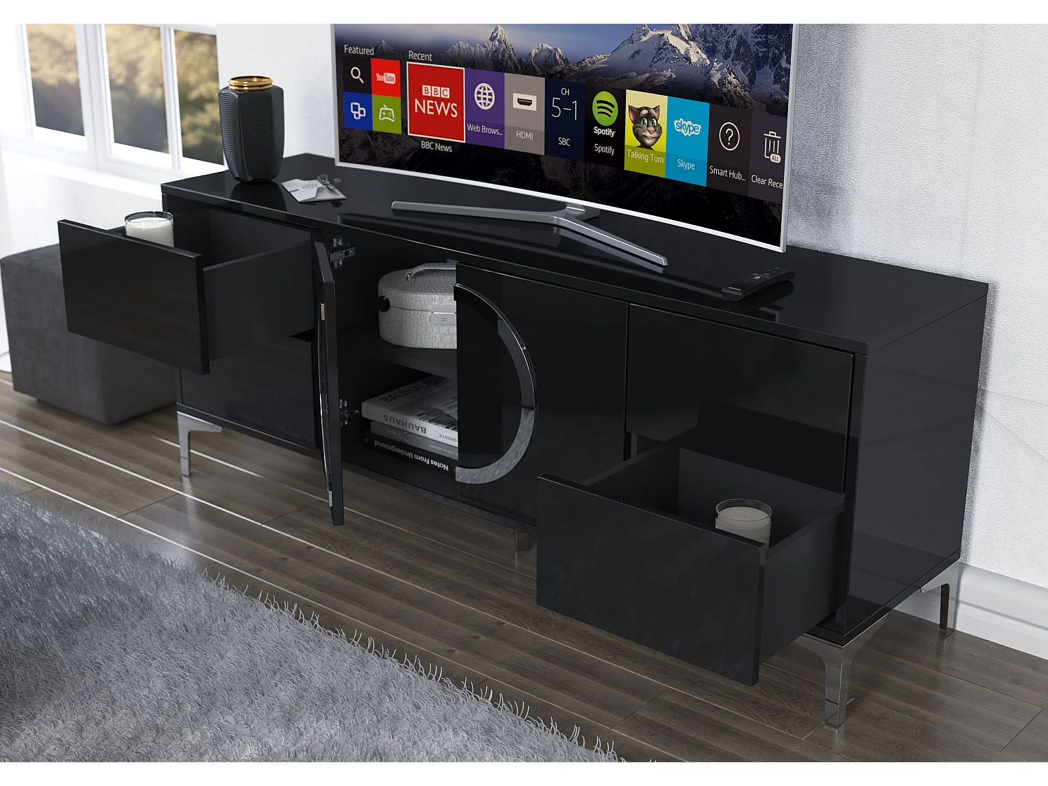 Meuble TV moderne noire EVA / brillante / 150 cm