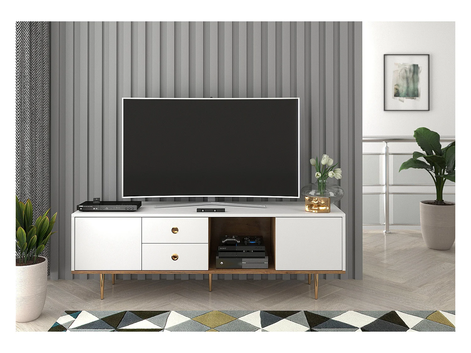 Meuble TV moderne blanc HARMONI / 160 cm