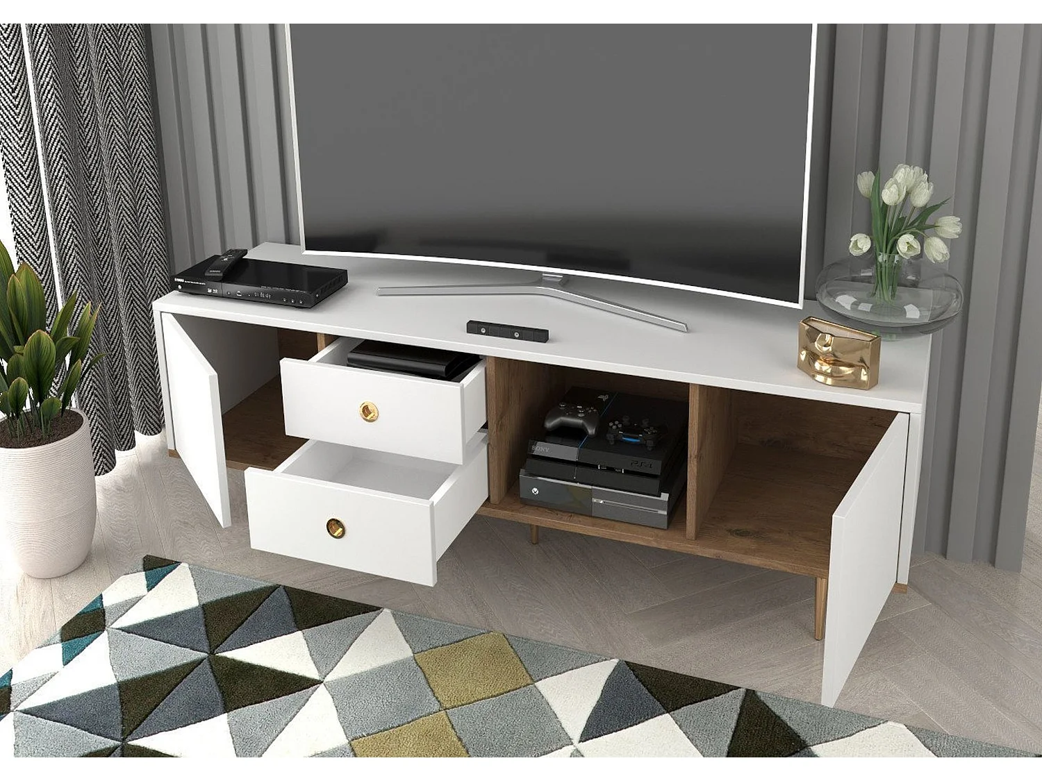 Meuble TV moderne blanc HARMONI / 160 cm