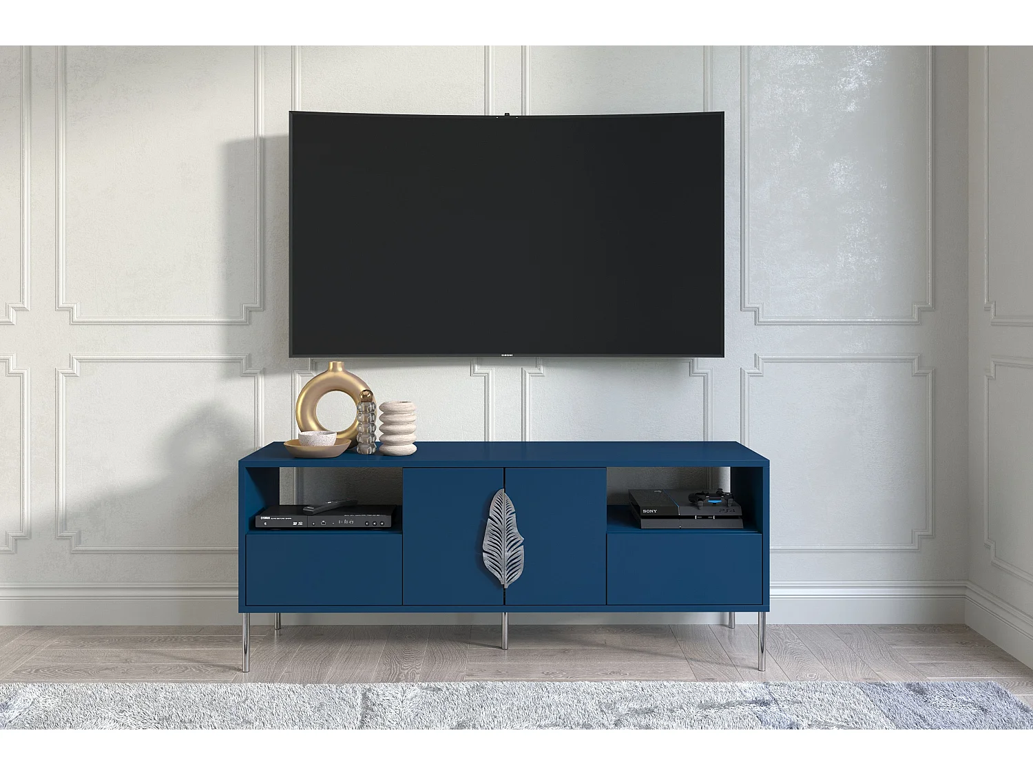 Meuble TV MERLIN en bleu marine avec des accents argentés / 138 cm